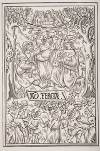Pastores celebrando el nacimiento del Mesías con cantos y danzas, después de un grabado en madera del siglo XV de un Libro de Horas, de 